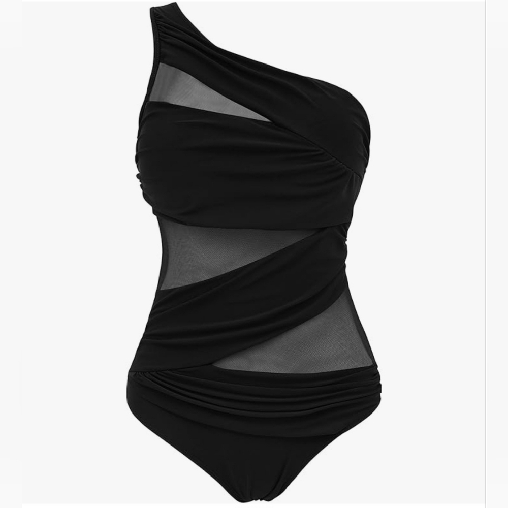 Mesh Cut Out Black One-Shoulder Swimsuit